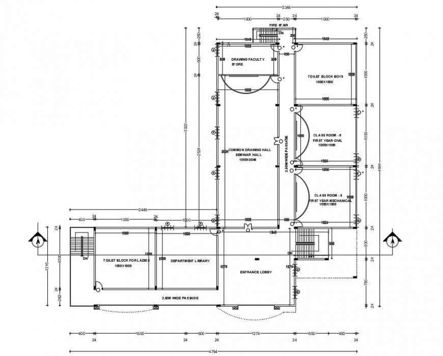 2d view of school building layout floor plan autocad software file