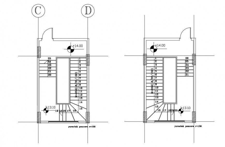 2d view of staircase construction plan dwg autocad file