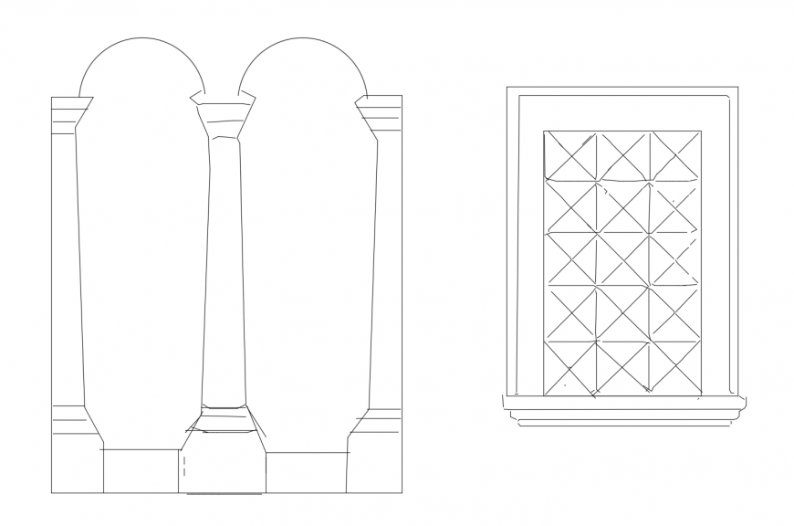 2d view of window frame design and column detail elevation autocad file