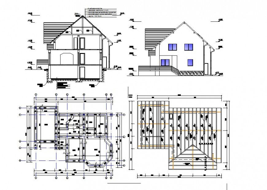 2d view plan, elevation and section of house layout dwg file