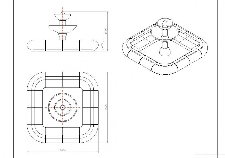 2d view plan and elevation of fountain design CDAD block layout autocad file
