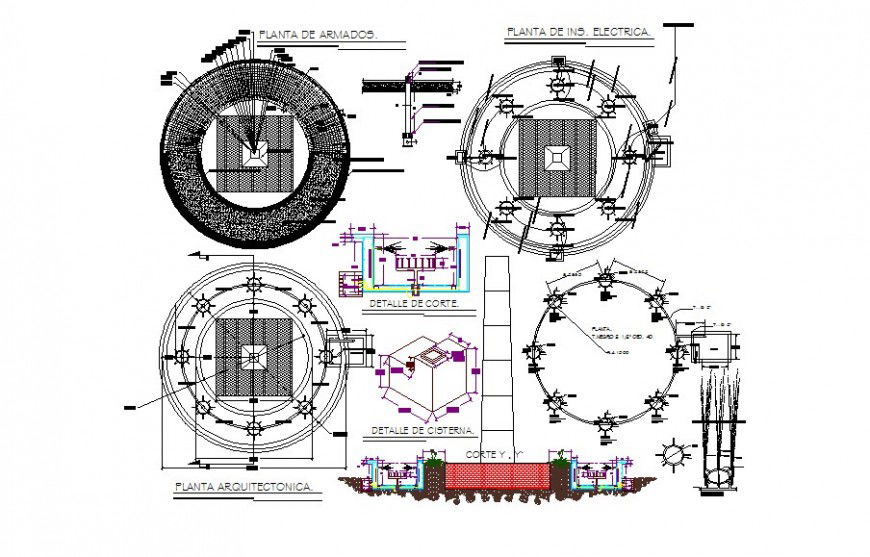 2d view Plan and section of fountain design detail layout autocad file