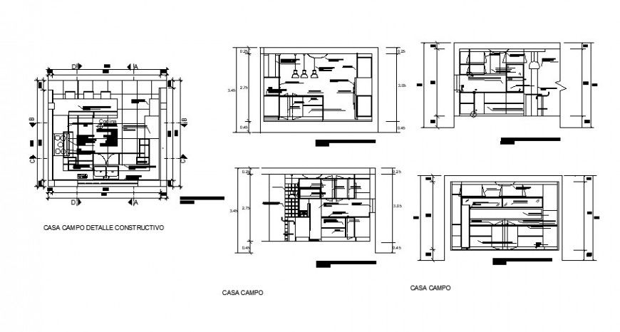 2d view plan and section of kitchen construction block layout dwg file