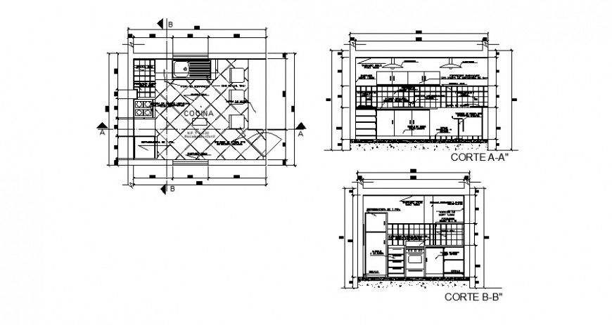 2d view plan and section of kitchen construction with furniture block layout dwg file
