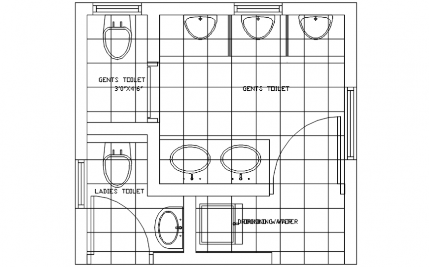 2d view plan of sanitary toilet area autocad software file