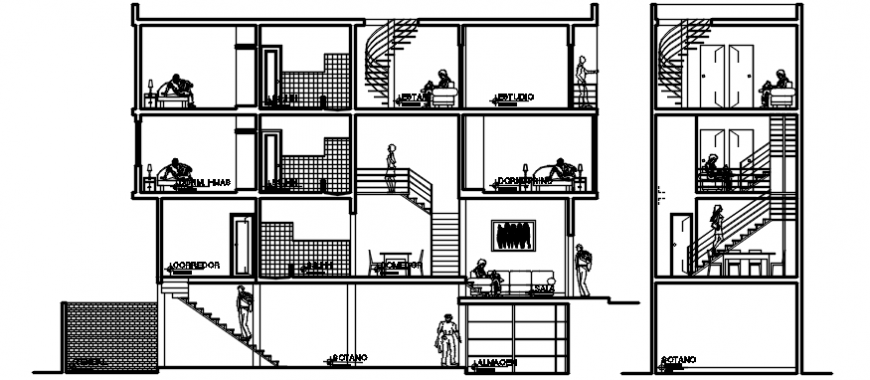 2d view sectional drawings of apartment autocad software file