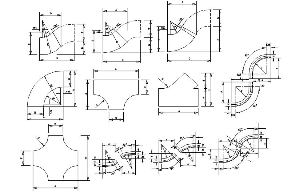 2d drawing of different shapes of pipes in AutoCAD, dwg file, CAD file