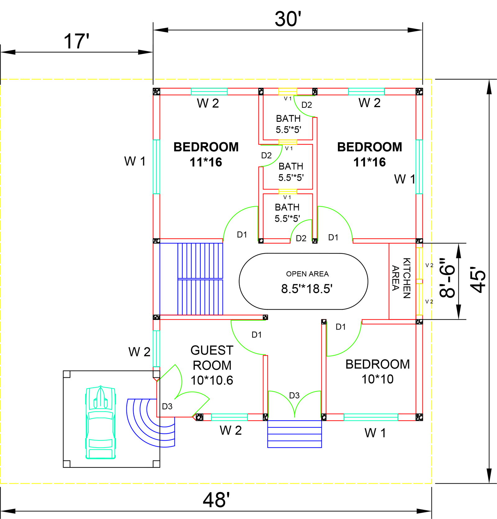 2d house plan plot size 48'x45'