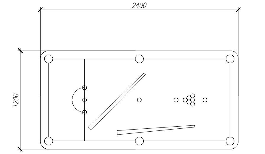 2d plan view of pool table in AutoCAD, dwg file.
