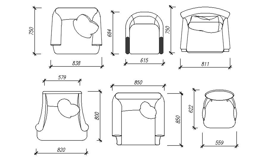 2D Plan View of Sofa Chairs CAD Blocks in DWG Format