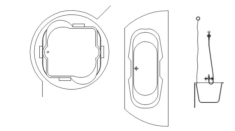 2d top view of jacuzzi and bathtub cad blocks in AutoCAD, dwg file.