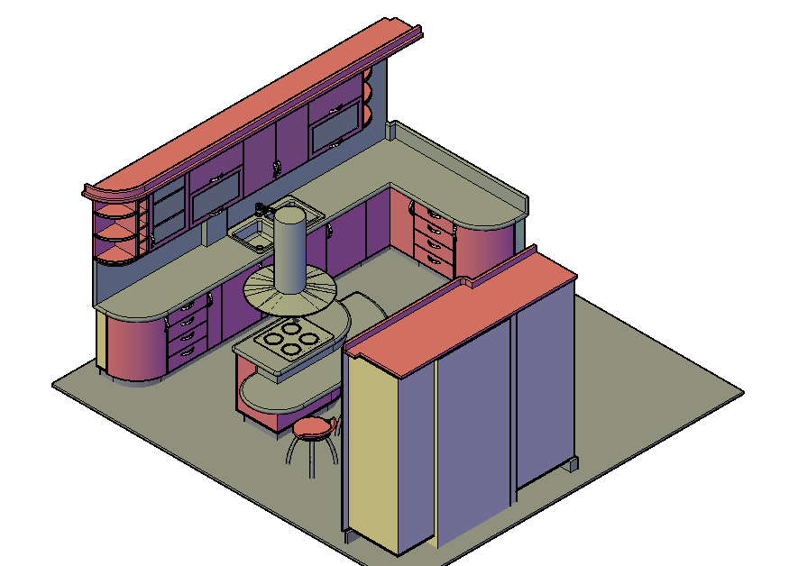 3D Modular Kitchen CAD File with Cabinets and Counter Layout Design