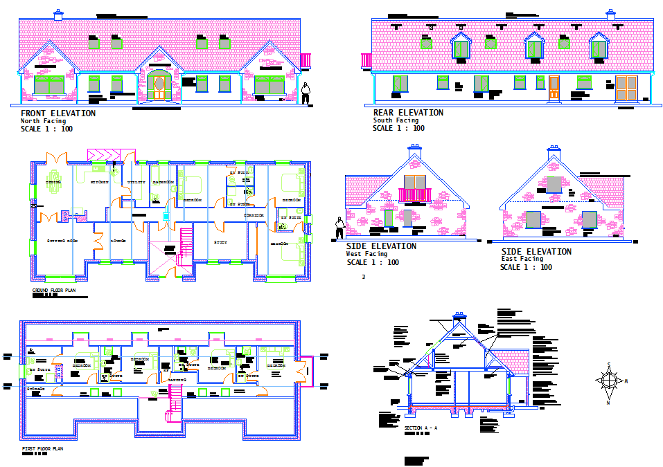 House Plan DWG File with Detailed Floor Plans Elevations and Sections