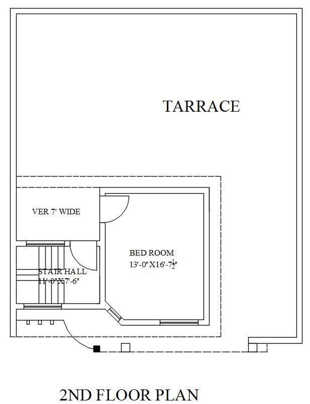 Second-floor house plan in AutoCAD 2D with terrace