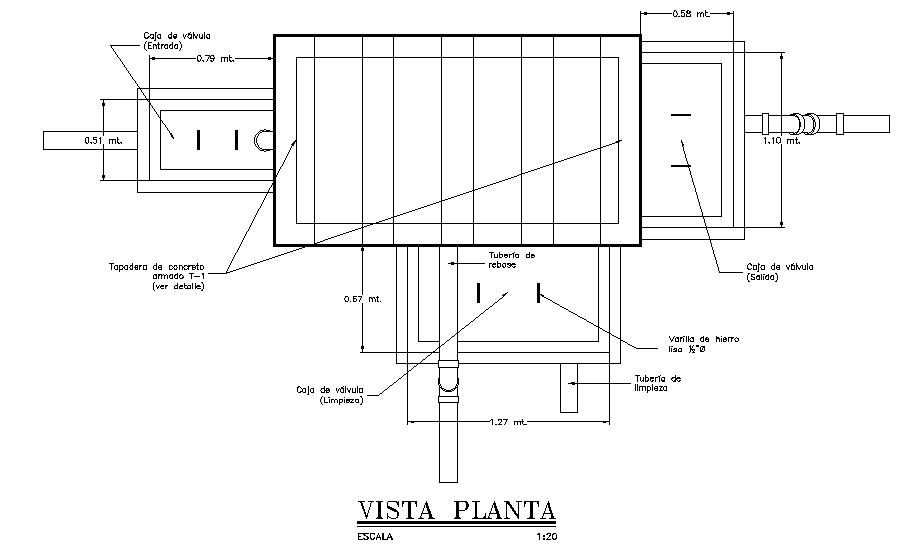 2x1m pipe line structure is given in this Autocad drawing file. Download now.