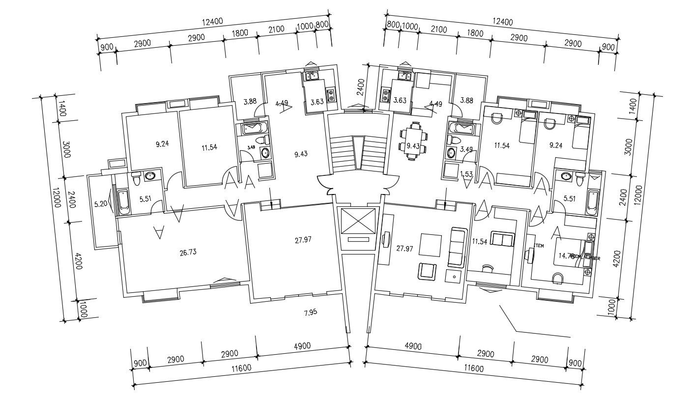 3 BHK Apartment Design AutoCAD Plan