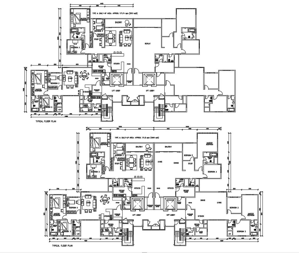3 BHK Apartment Plan DWG File