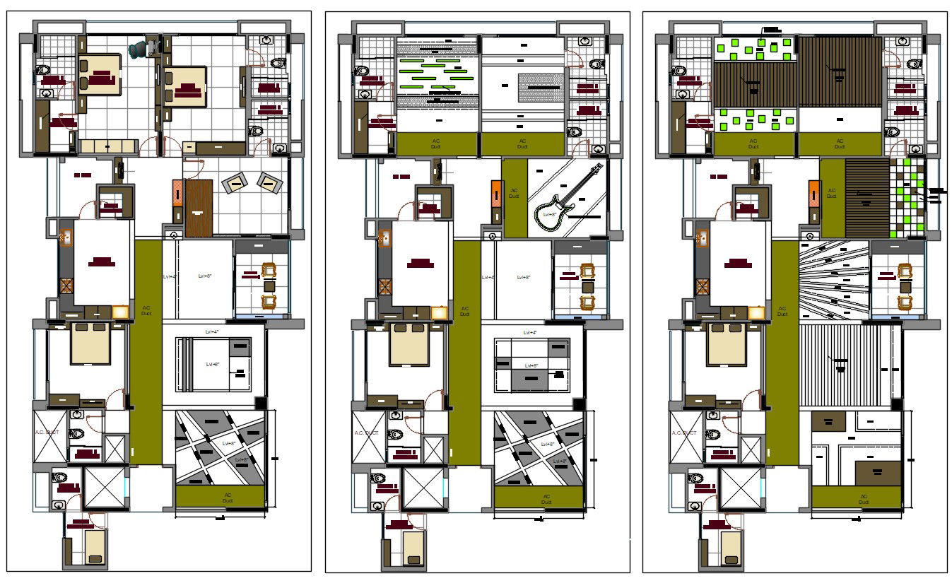3 BHK House Furniture Layout With Ceiling Design AutoCAD File