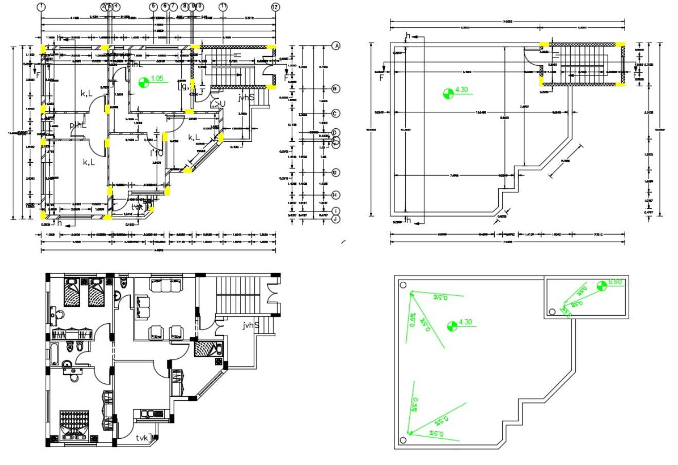 3 BHK House Furniture Plan With Column Layout Drawing DWG File