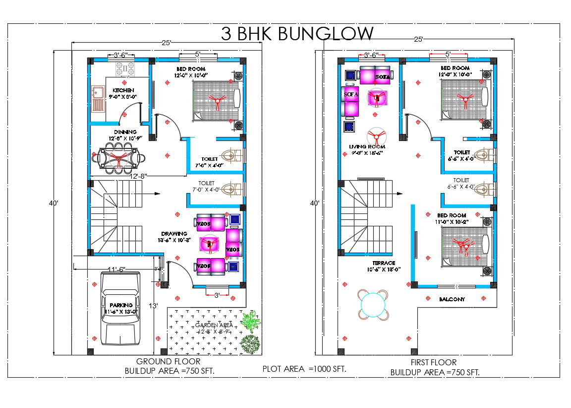 3 BHK House Plan 1000 SQFT AutoCAD Drawing