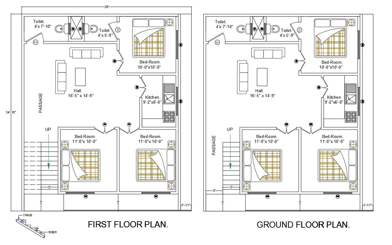 3 BHK House Plan 30’X34’ AutoCAD Drawing DWG File