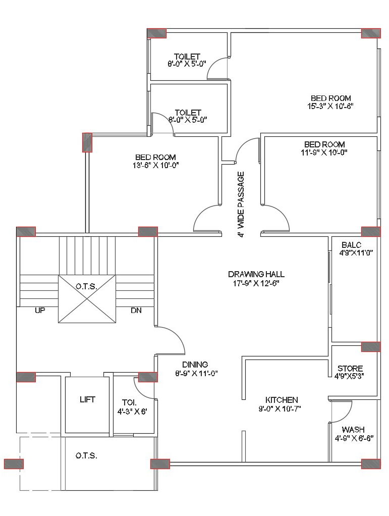 3 BHK Residence Apartment Design Architecture Plan AutoCAD Drawing Download