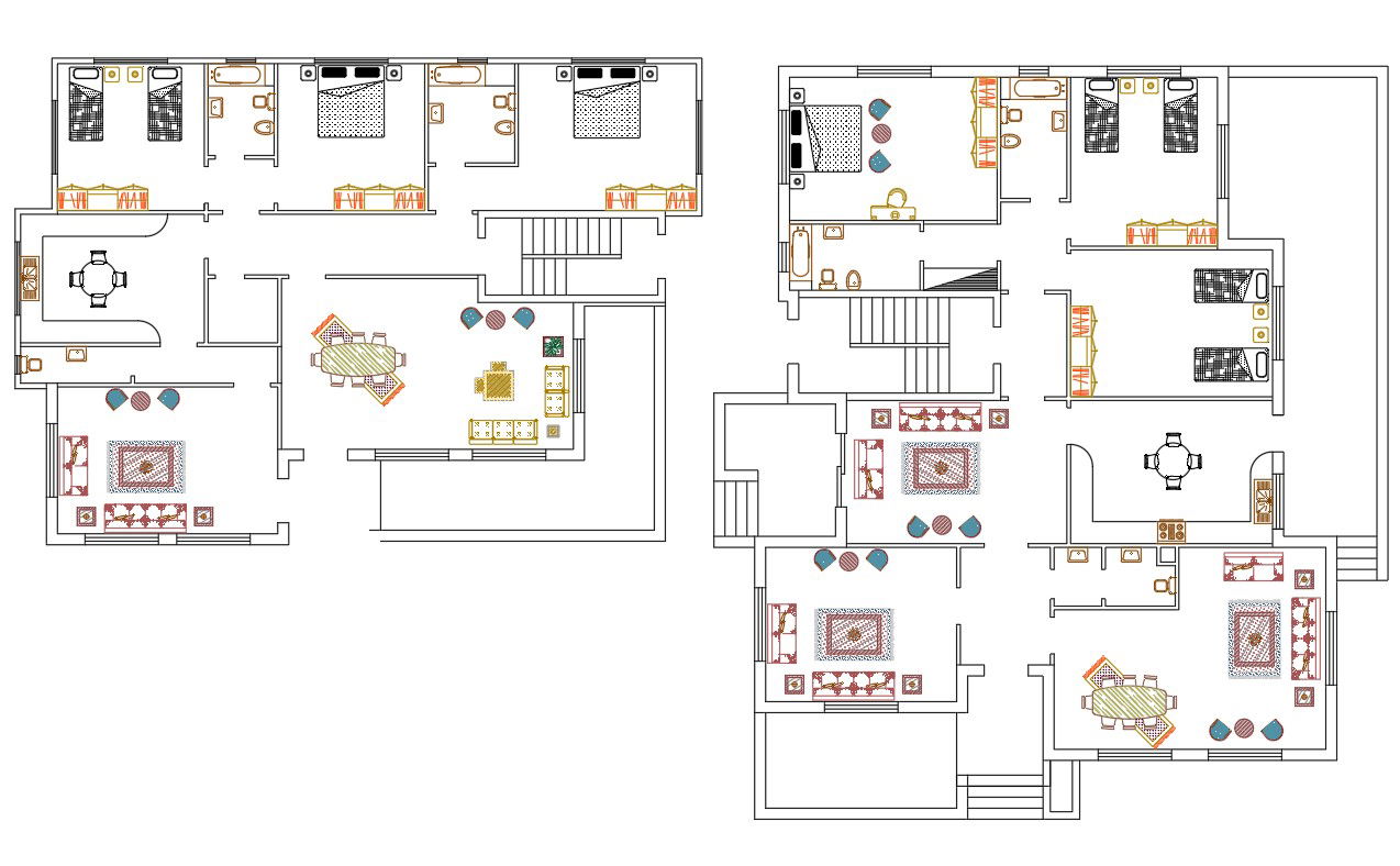 3 Bedroom House Furniture Layout Plan AutoCAD Drawing