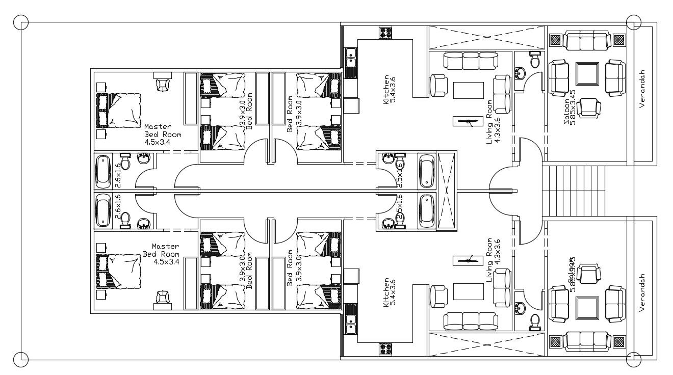 3 Bedroom House Furniture Layout Plan CAD Drawing