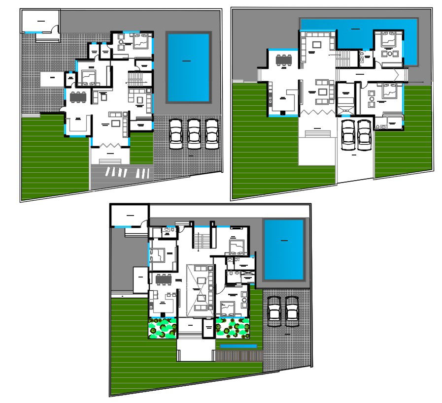 3 Different Option Of Bungalow Plan With Swimming Pool AutoCAD File