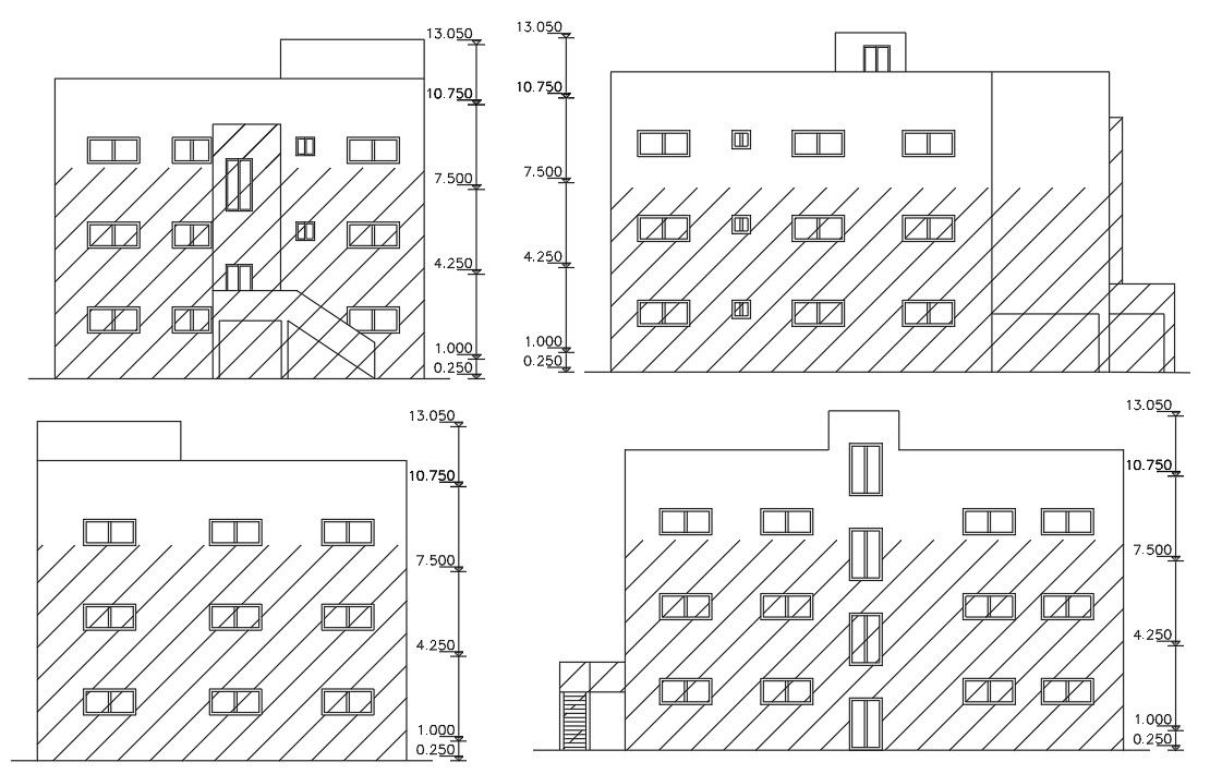 3 Storey Apartment House Elevation Design AutoCAD Drawing