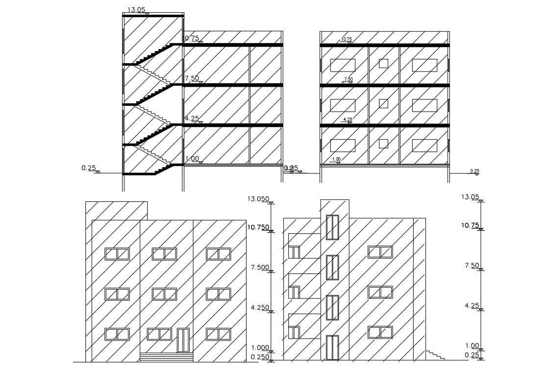 3 Storey Apartment Sectional Elevation Design DWG
