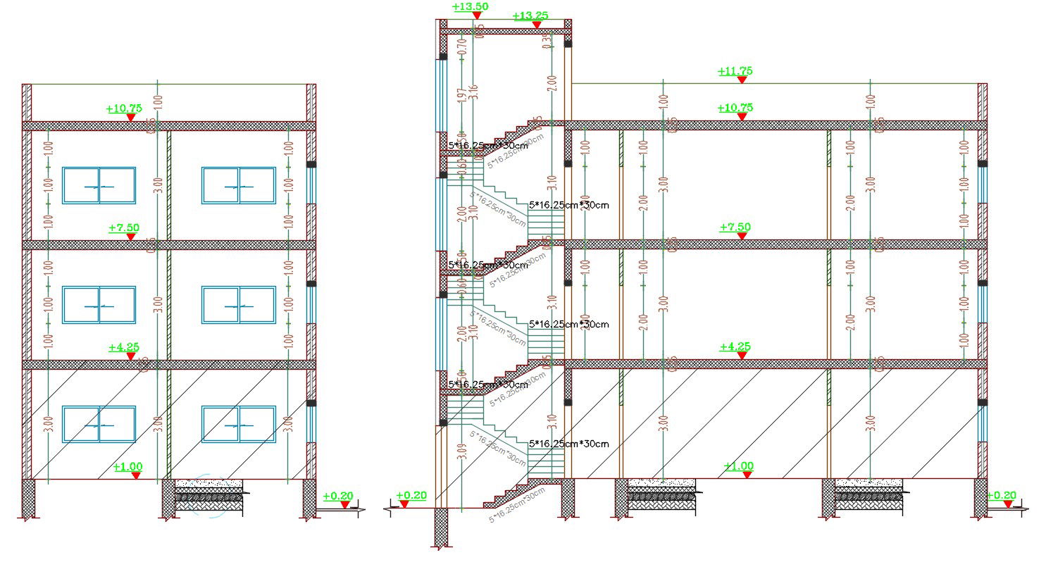 3 Storey House Building Section Drawing With Dimension