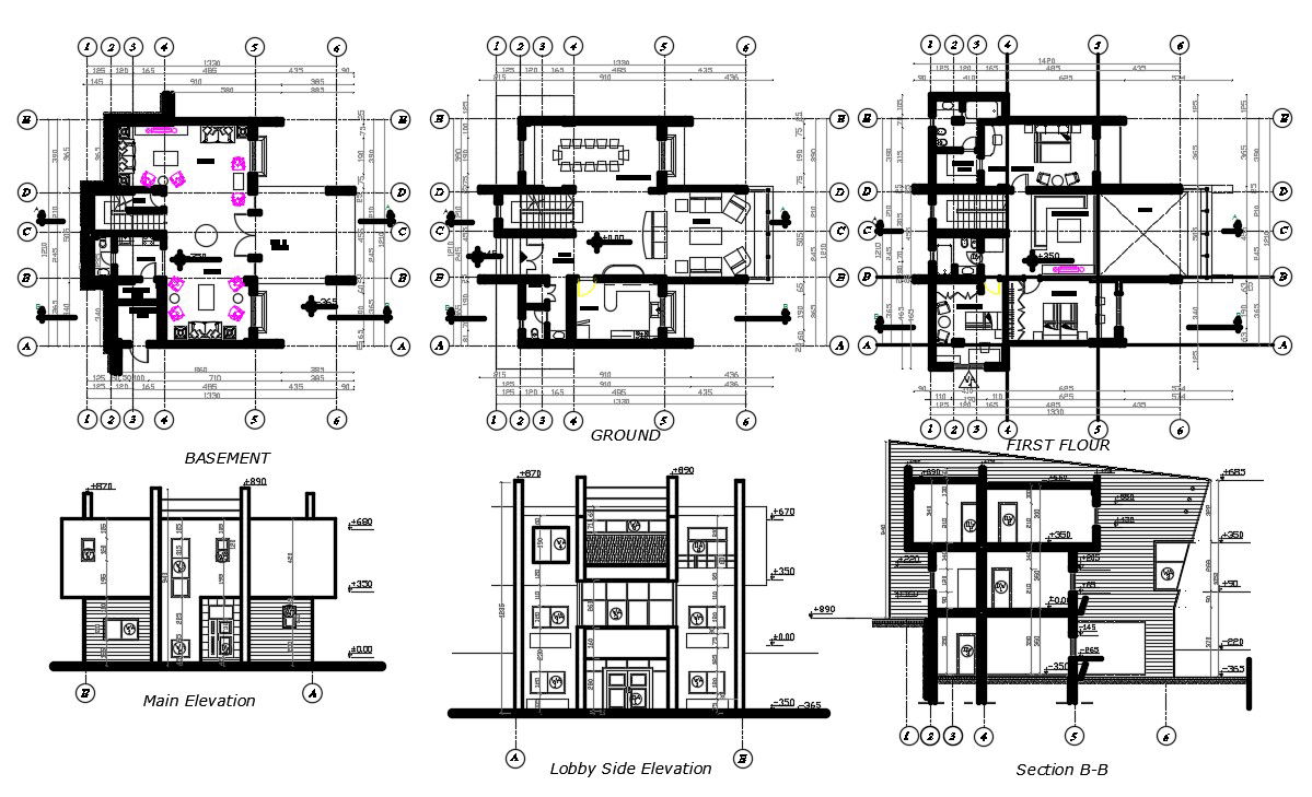 3 Storey House Plan With Sectional Elevation CAD Drawing