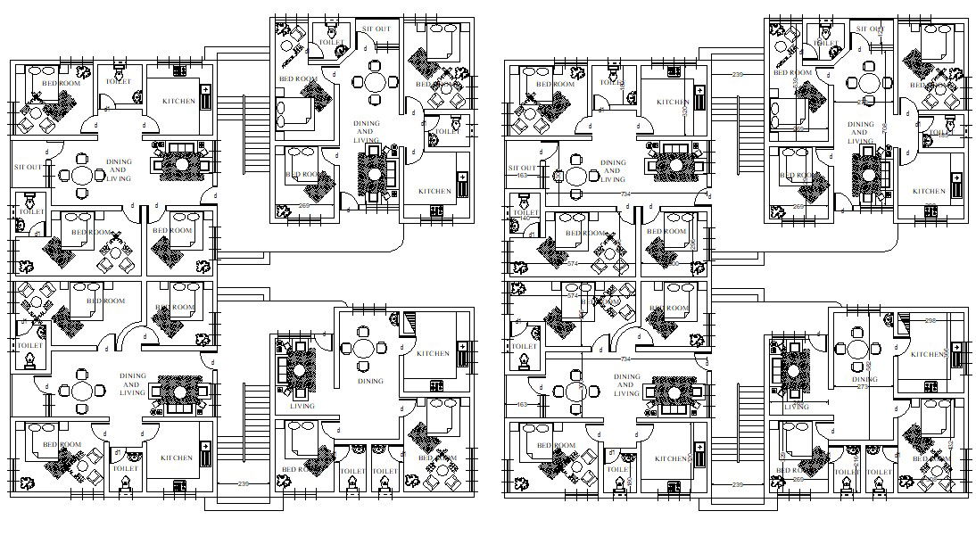 2 BHK And 3 BHK Apartment Furniture Layout Plan AutoCAD File