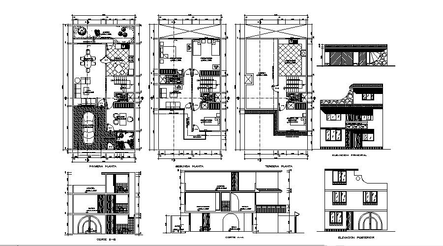 3 storey bungalow with section and elevation in AutoCAD