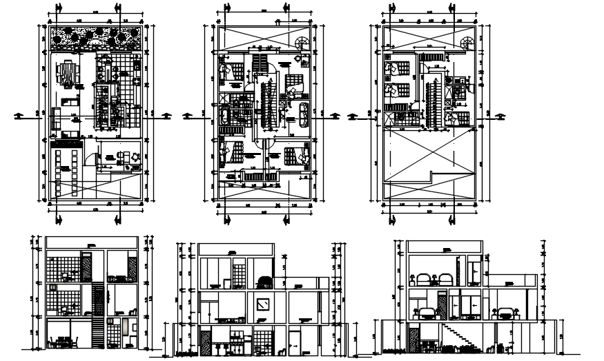 3 storey house with furniture details in autocad