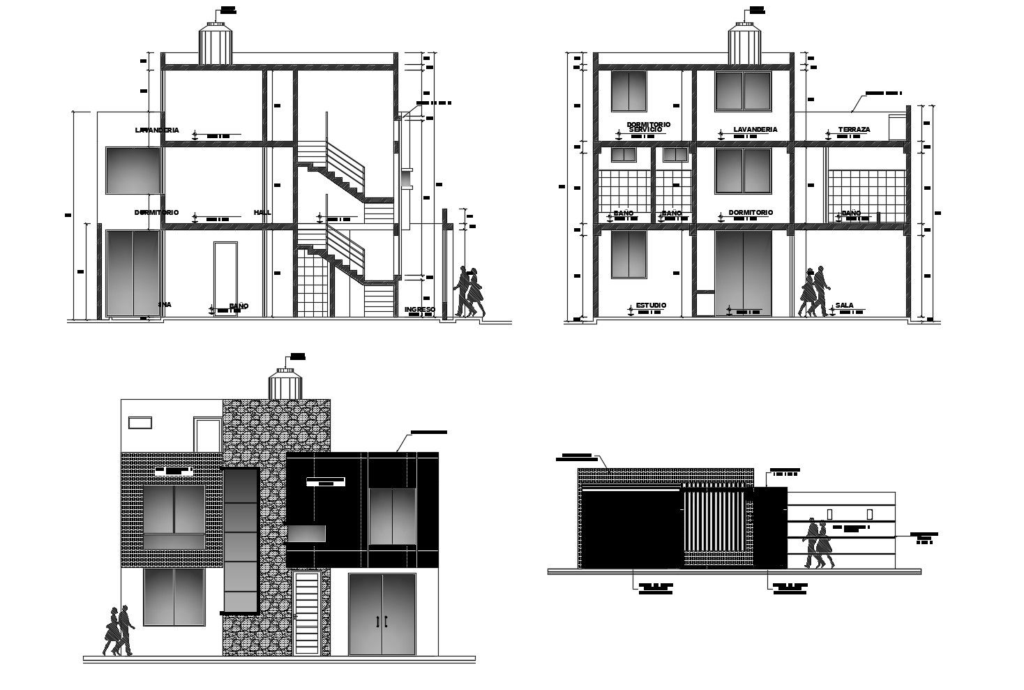 3 storey residential house with elevation and section in AutoCAD