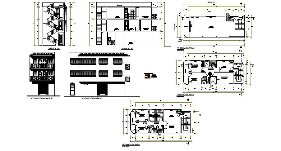 3 storey residential house with section and elevation in dwg file