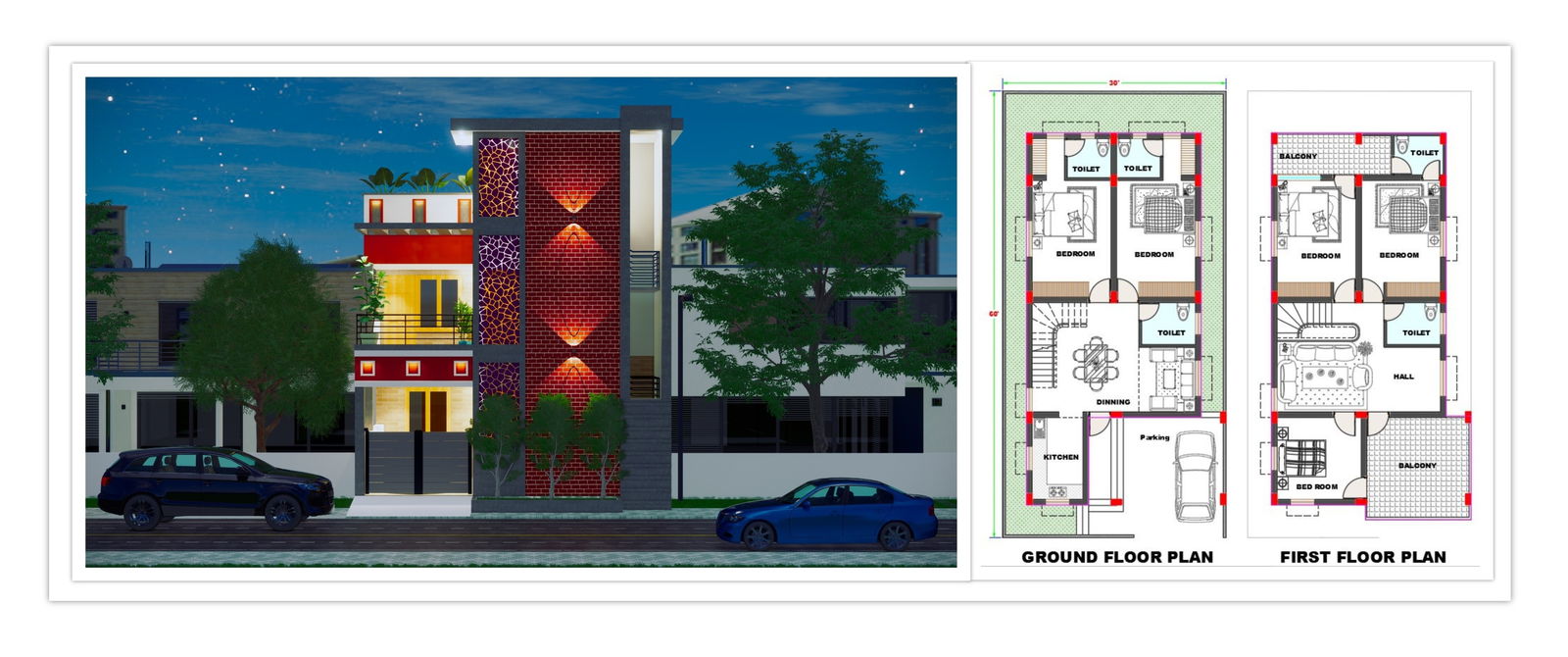 30’x60’ Duplex house plan with beautiful 3d Elevation is given. Download the free Autocad and Revit drawing file.