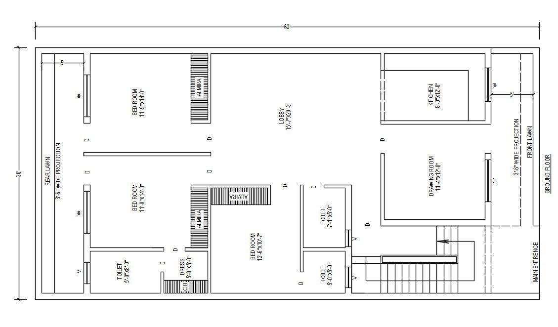 30x60 Feet House Ground Floor Plan CAD Drawing AutoCAD DWG File