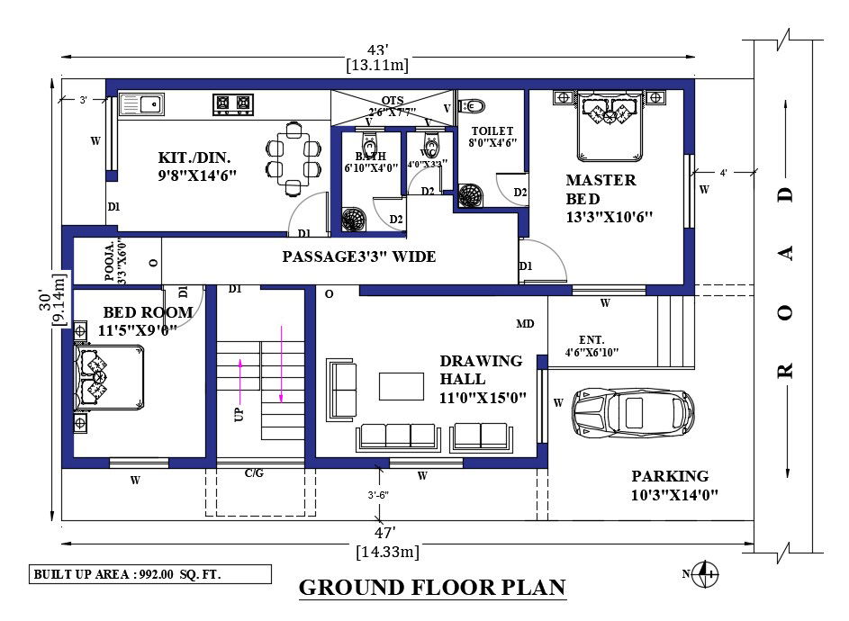 30'X47' North Facing House Ground Floor Plan Drawing Download DWG File
