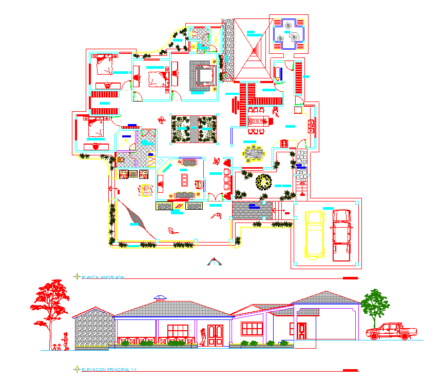 Modern House Plan CAD Drawing File with Furnished Layout and Elevation