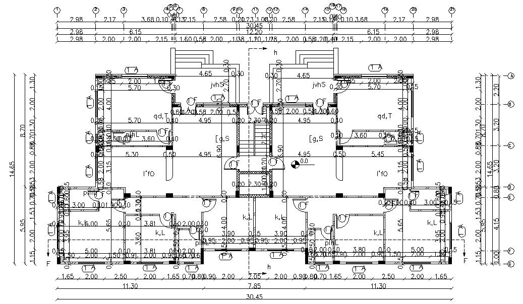 30.45 X 14.65 Meter Working Drawing Residential House Floor Plan