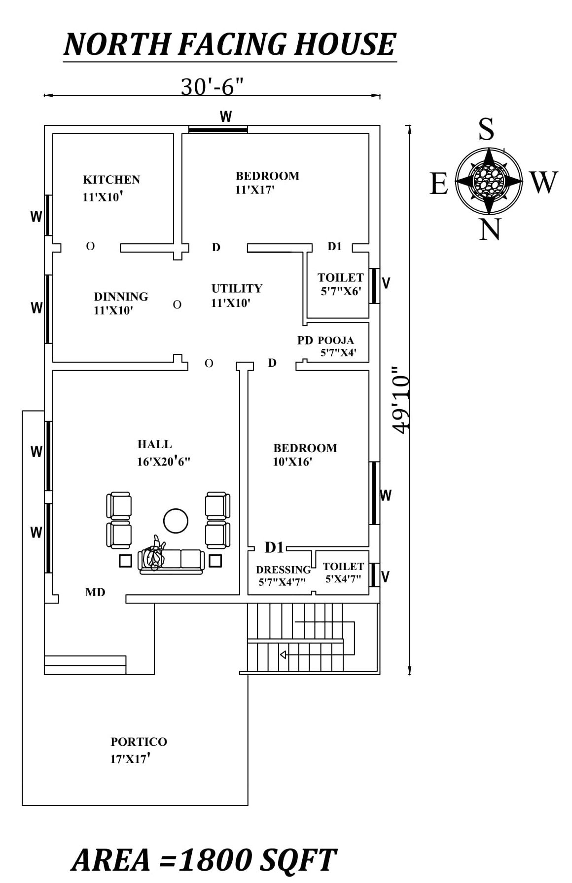 30'6"X49'10" Amazing North facing 2bhk house plan as per Vastu Shastra,Autocad DWG and Pdf file details.