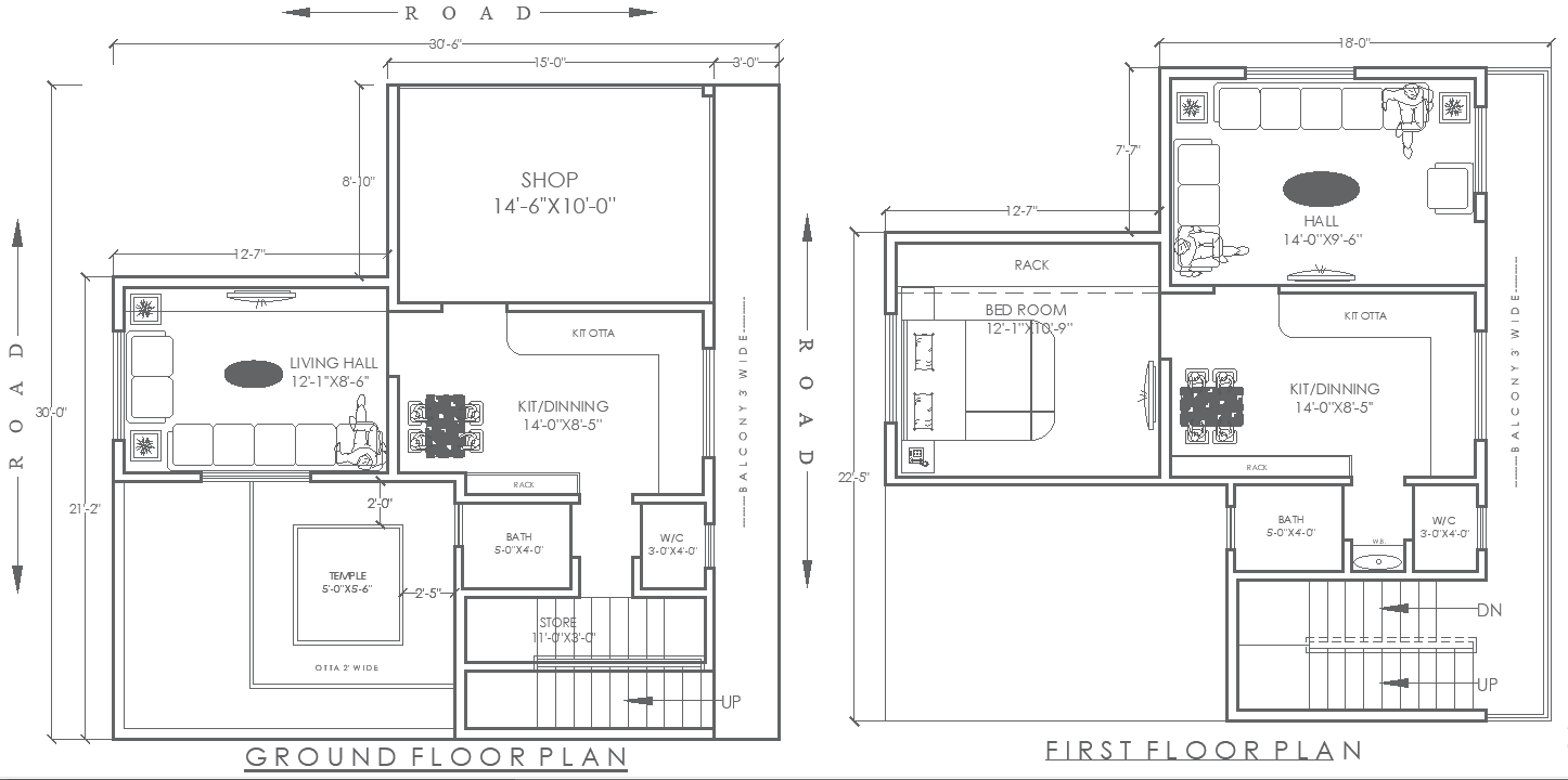 Ground & First Floor House Plan 30.6ftx30ft in DWG File
