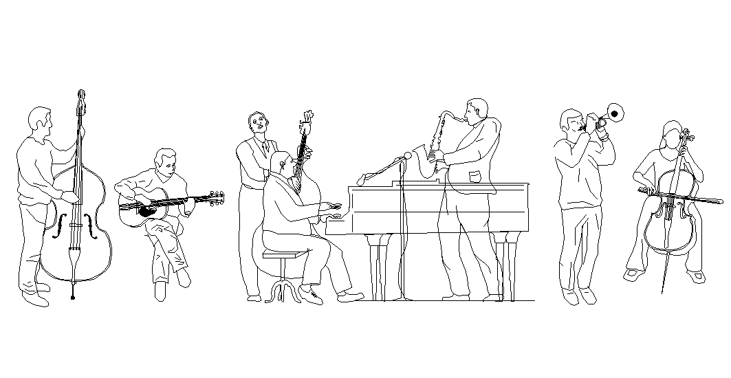 Musician group 2D cad drawing with detailed human figure design