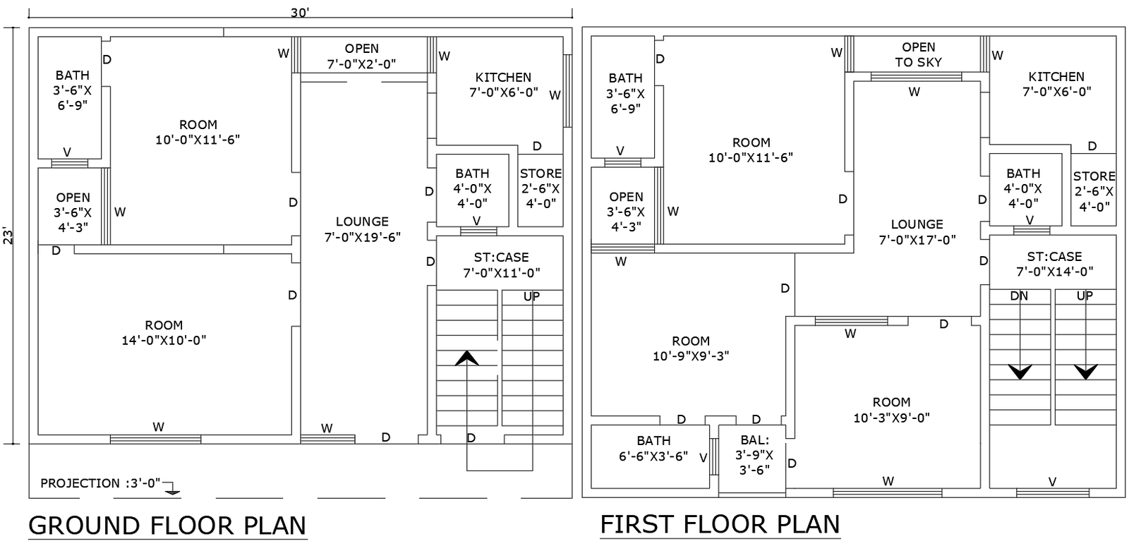 30ft×23ft Two-Floor Residential House DWG Design Plan