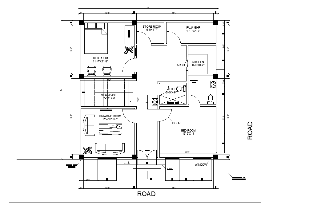 30'X30' AutoCAD House Floor Plan CAD Drawing DWG File