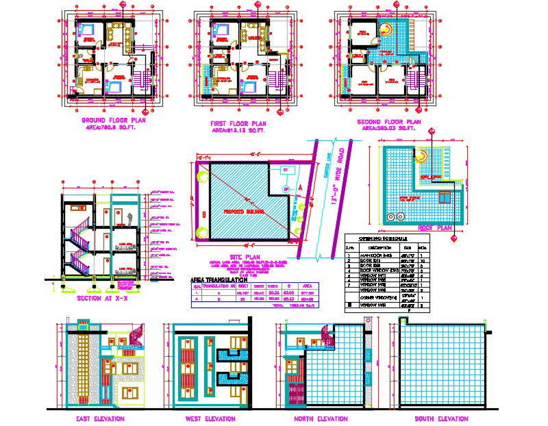 30'X32' House 3 Storey Floor Plan With Building Sectional Elevation Drawing