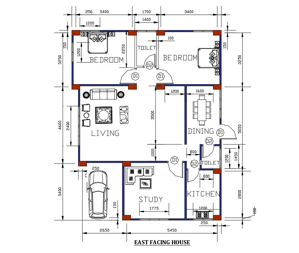 30X37 Feet House 2 BHK Plan Drawing Download DWG File